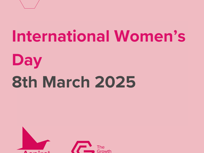 Pale pink background with magenta and grey text which reads 'International Women's Day 8th March 2025'. Magenta logos for Aspire Recruitment and the Growth Company in the bottom left corner