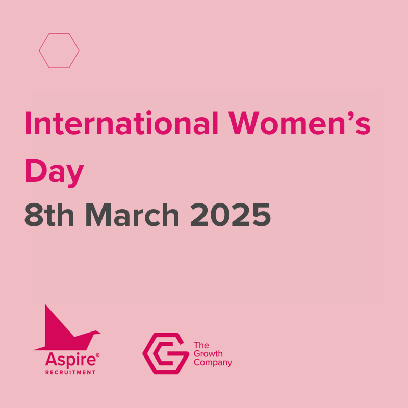 Pale pink background with magenta and grey text which reads 'International Women's Day 8th March 2025'. Magenta logos for Aspire Recruitment and the Growth Company in the bottom left corner